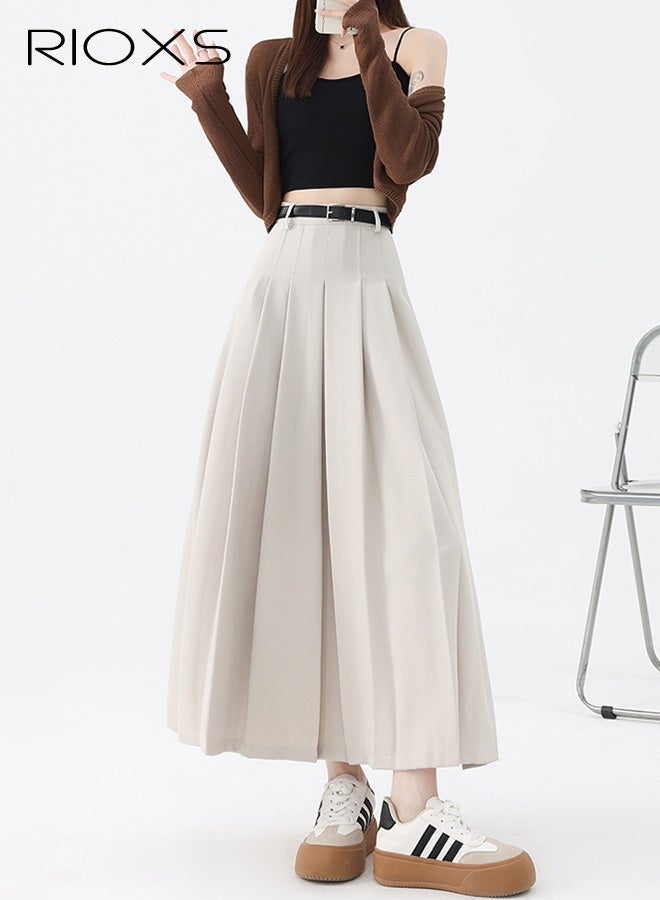 RIOXS Women's Pleated A-line Maxi Skirt, Fall High Waisted Ankle Length Pleated Tennis Skirts with Belt, Casual Long Suit Skirt for Office Business Dating, Apricot - Image 4